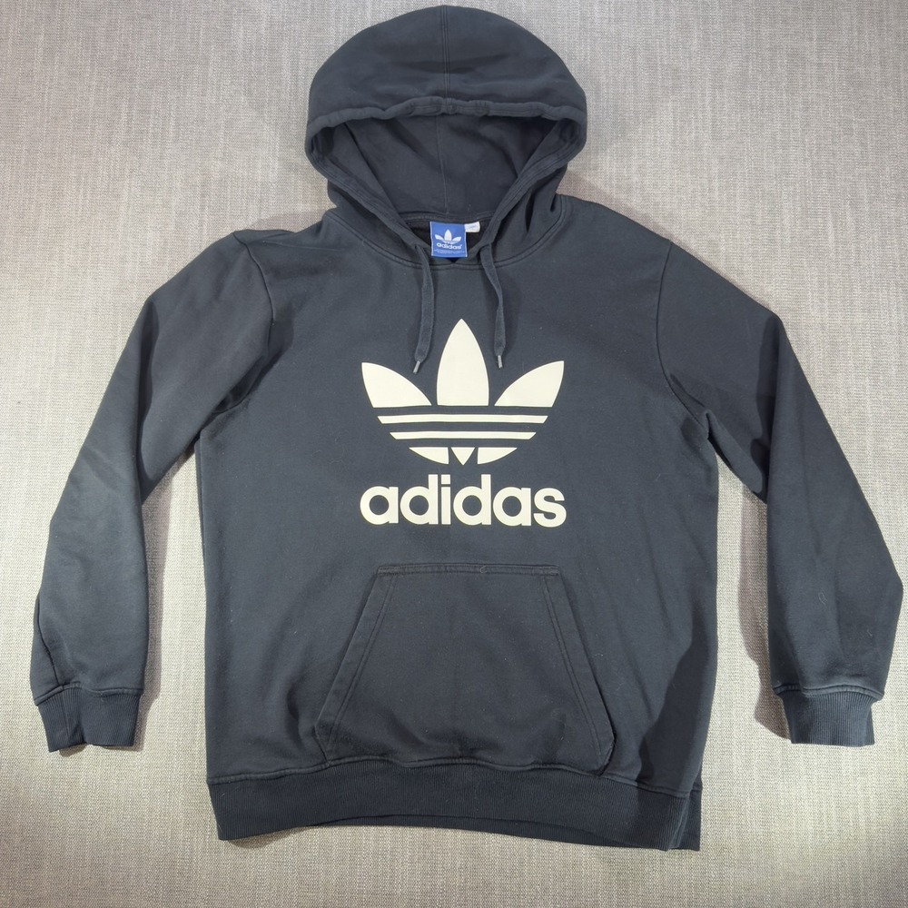 Adidas Originals Hoodie Mens Large Black Trefoil Logo Pullover Fleece Kangaroo